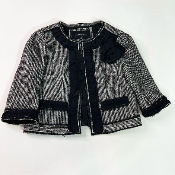 Ann Taylor Jacket Blazer Womens 12 Tweed Ruffle Floral Wool Black Gray - Picture 1 of 10